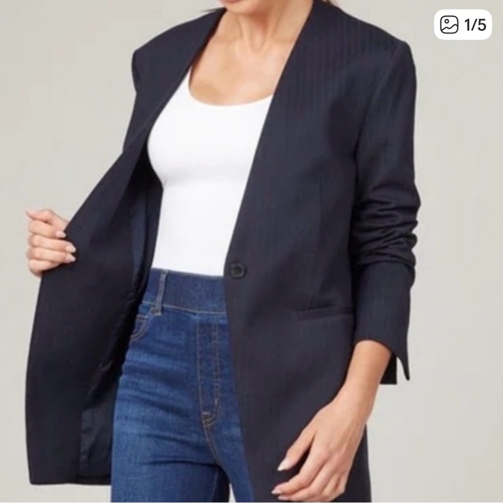 SPANX Navy Pinstripe Long Blazer